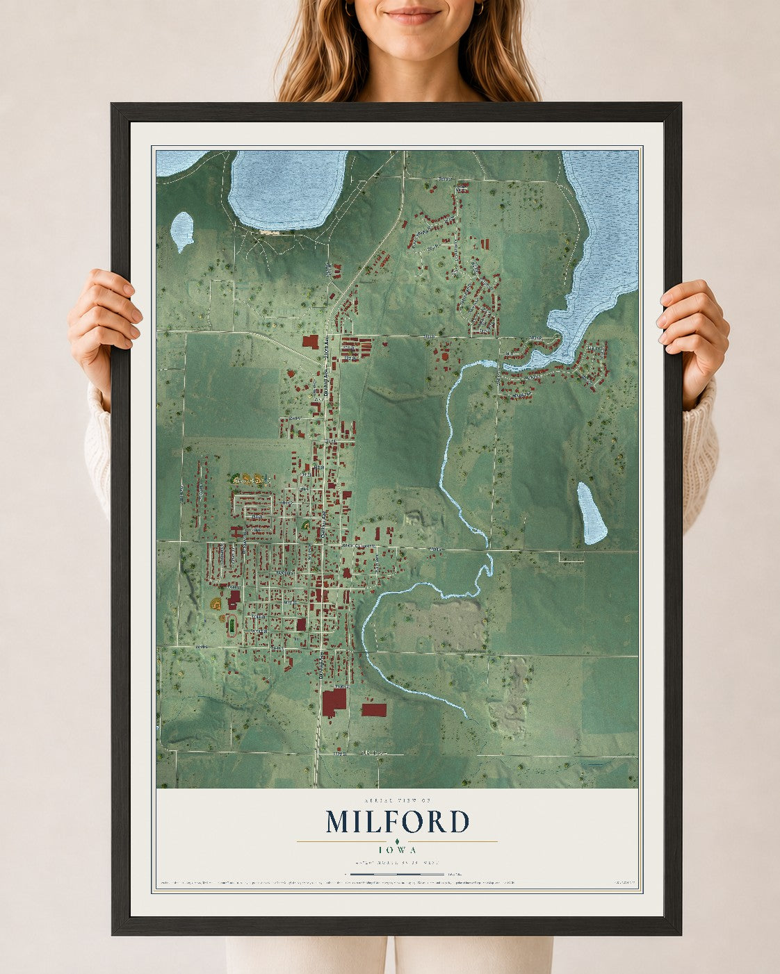 Map of Milford, Iowa, 24 x 36 inch print in a black wood frame