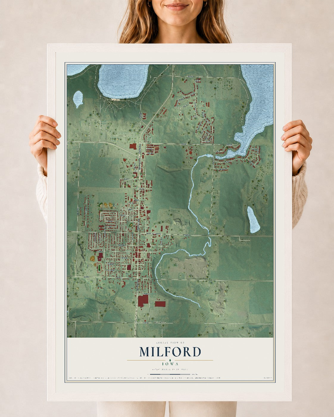 Map of Milford, Iowa, 24 x 36 inch print in a white wood frame