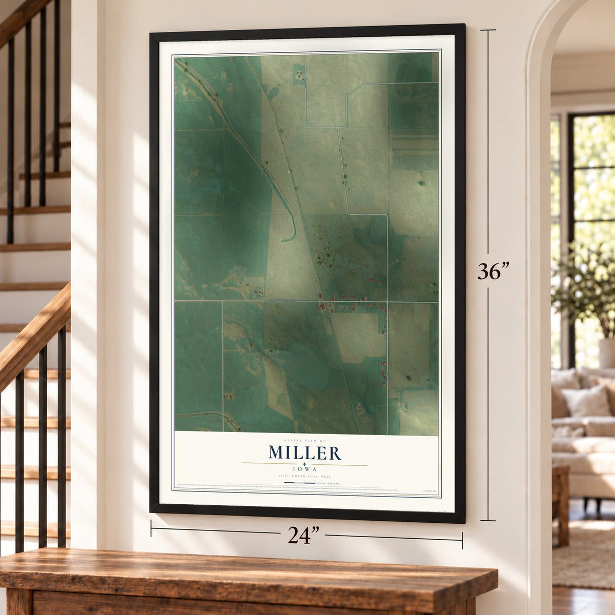 Miller, Iowa map, 24 x 36 inch print in a black frame by a staircase