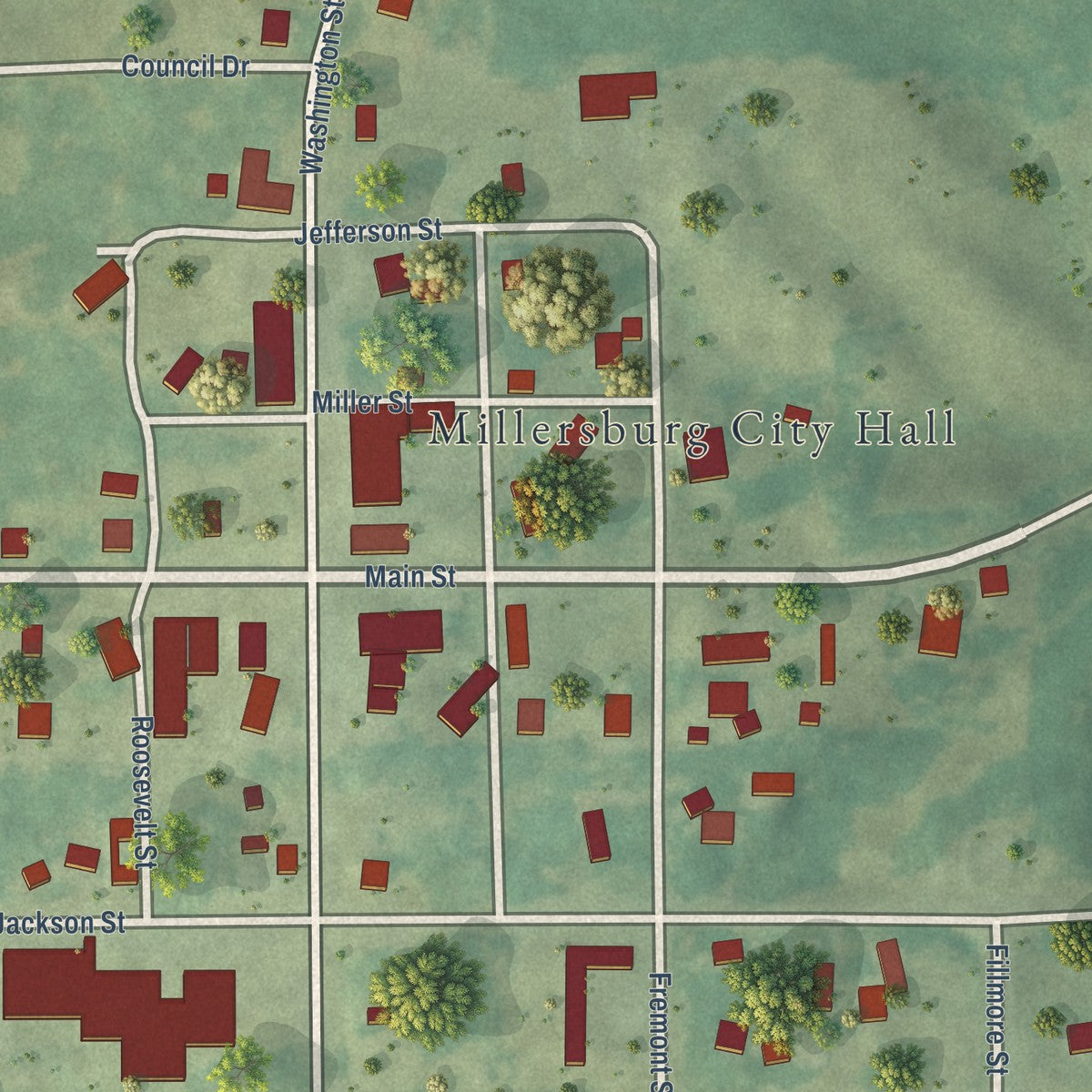 Close-up of the map of Millersburg, Iowa print showing street and building detail