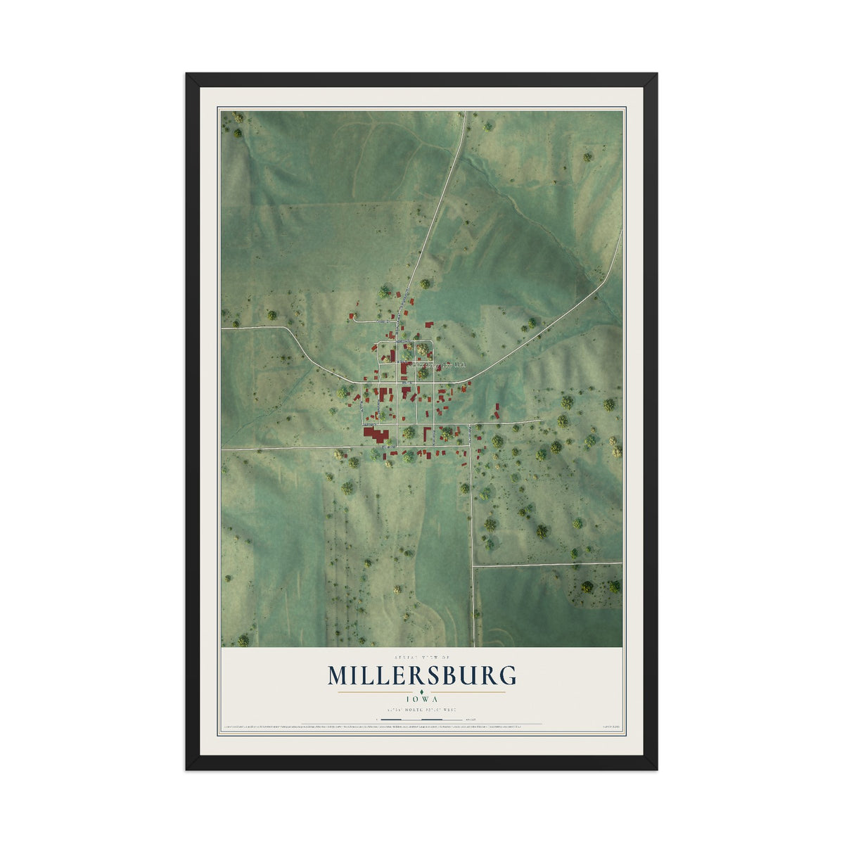 Map of Millersburg, Iowa, 12 x 18 inch print in a black wood frame
