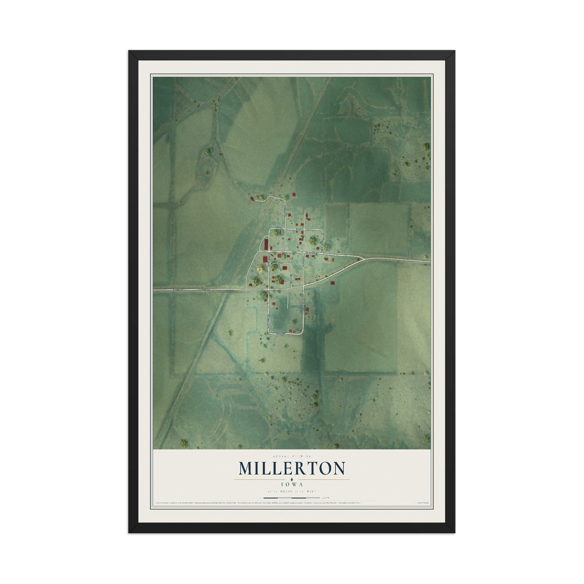 Map of Millerton, Iowa, 12 x 18 inch print in a black wood frame