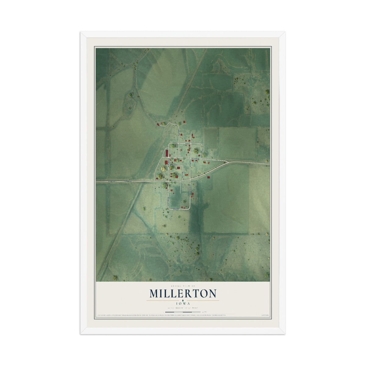 Map of Millerton, Iowa, 12 x 18 inch print in a white wood frame