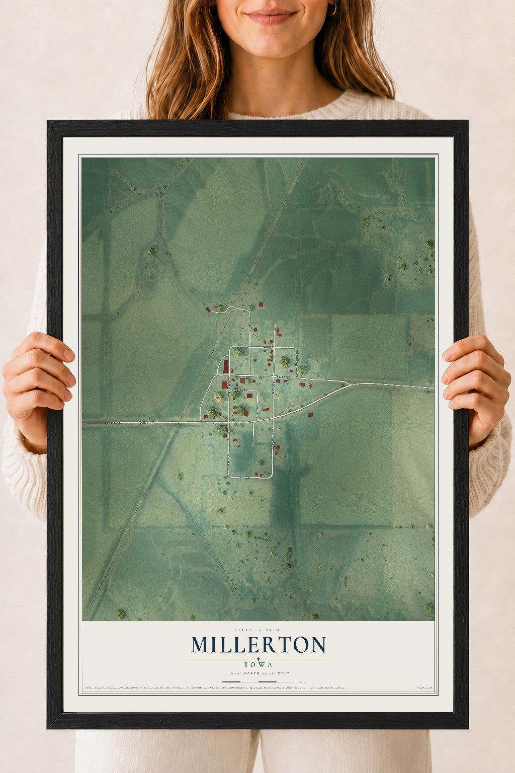 Map of Millerton, Iowa, 18 x 24 inch print in a black wood frame