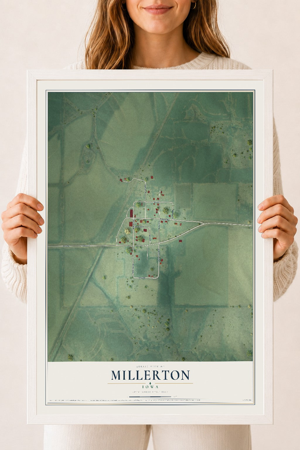 Map of Millerton, Iowa, 18 x 24 inch print in a white wood frame