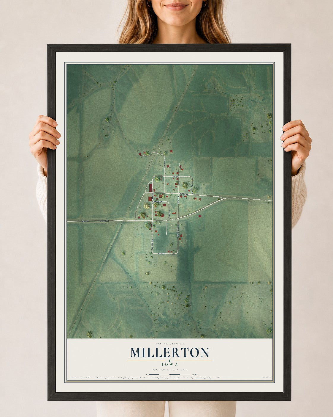 Map of Millerton, Iowa, 24 x 36 inch print in a black wood frame