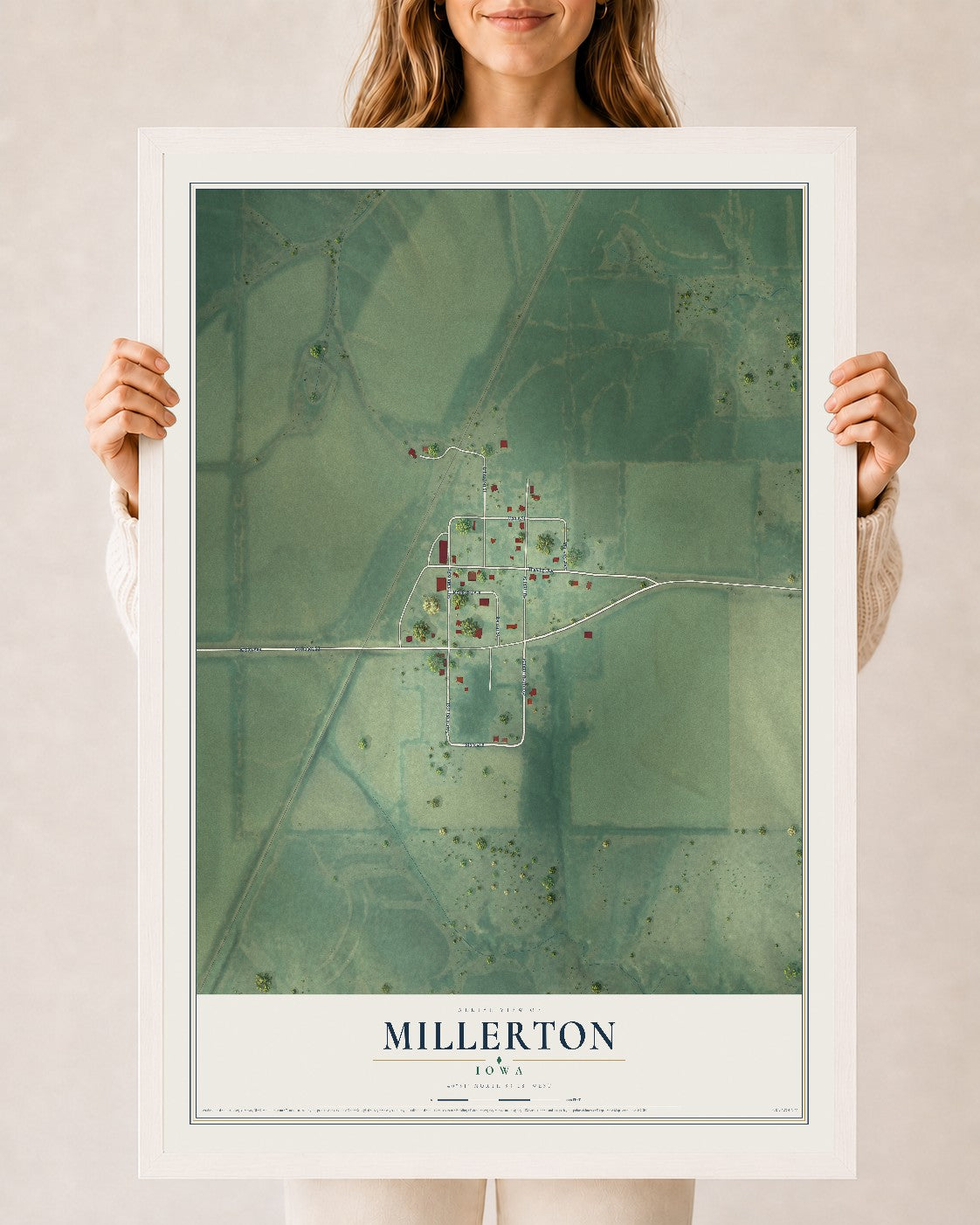 Map of Millerton, Iowa, 24 x 36 inch print in a white wood frame