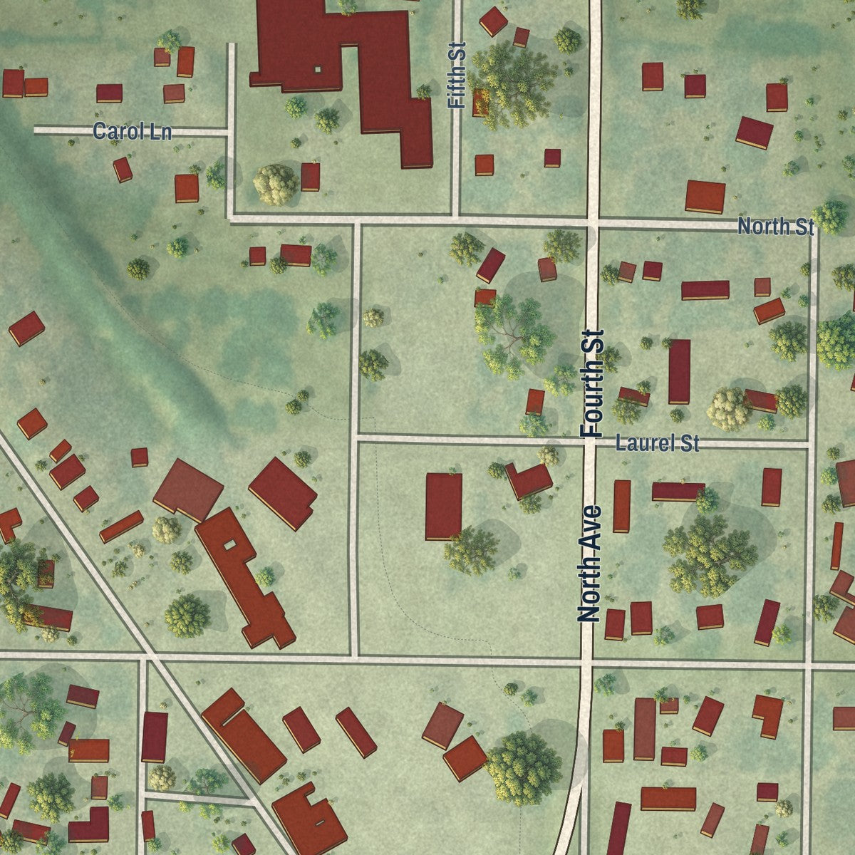 Close-up of the map of Minburn, Iowa print showing street and building detail