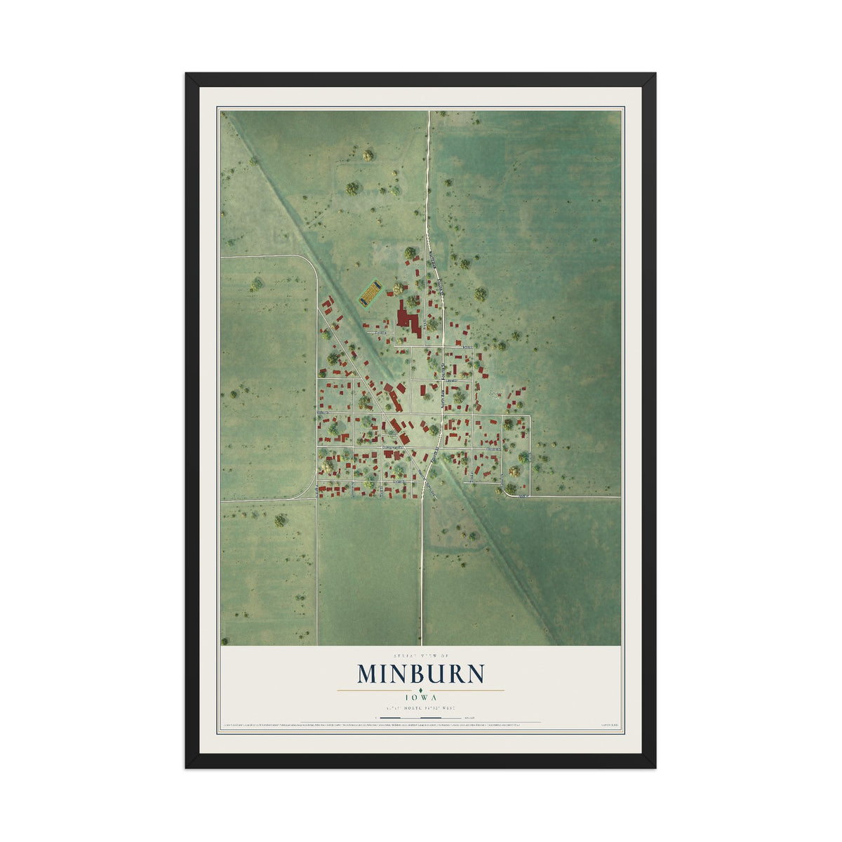 Map of Minburn, Iowa, 12 x 18 inch print in a black wood frame