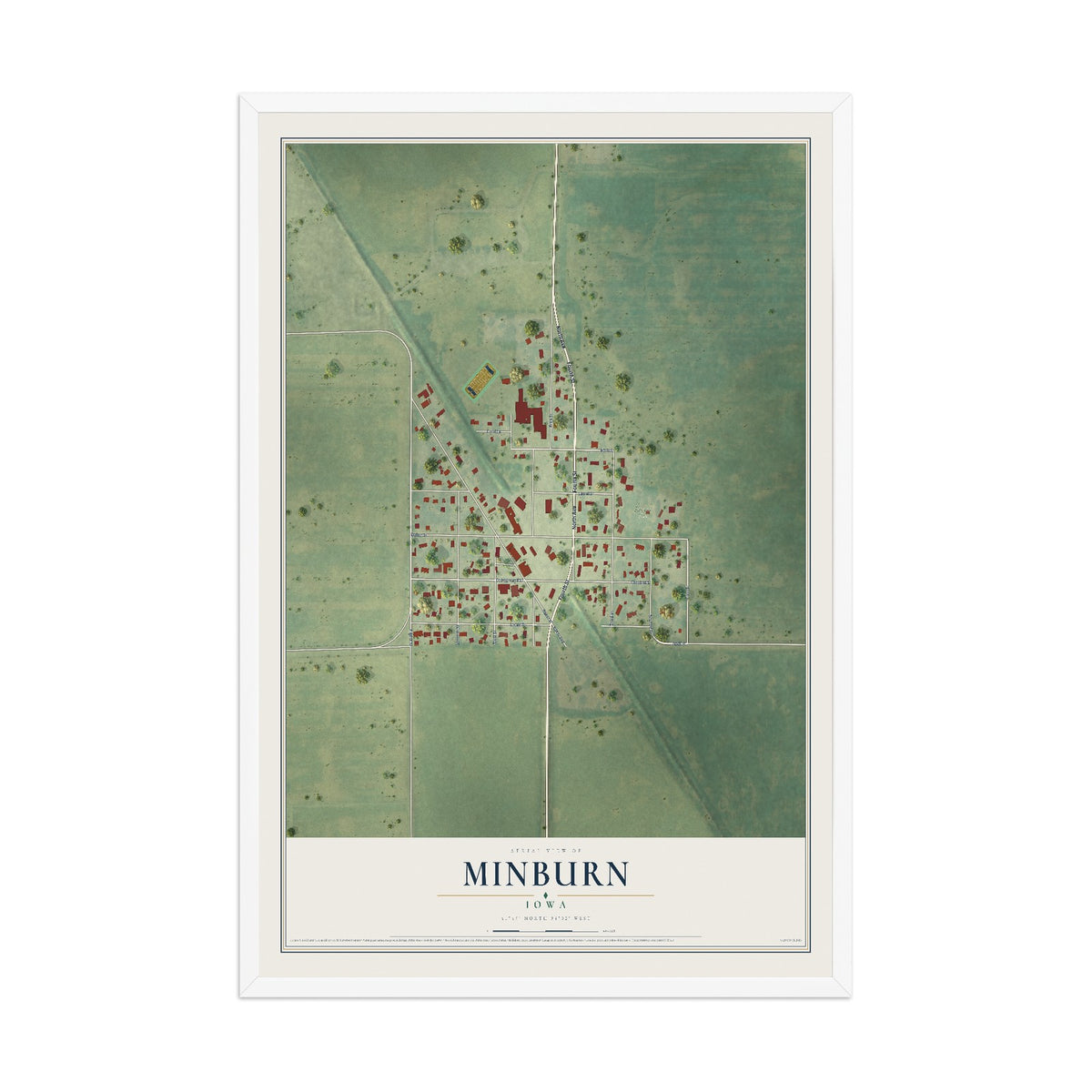 Map of Minburn, Iowa, 12 x 18 inch print in a white wood frame