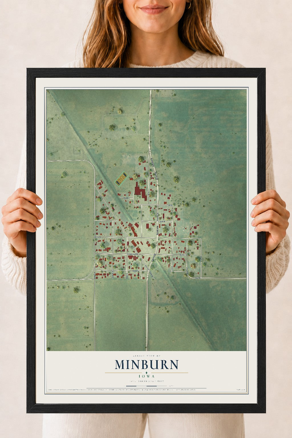 Map of Minburn, Iowa, 18 x 24 inch print in a black wood frame