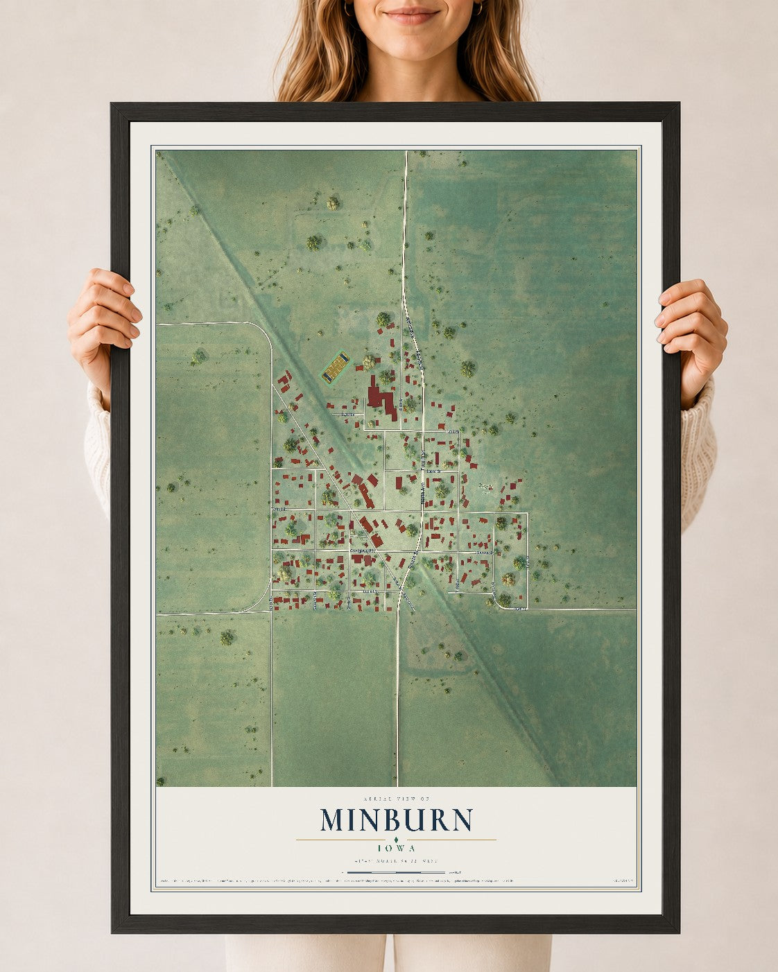 Map of Minburn, Iowa, 24 x 36 inch print in a black wood frame