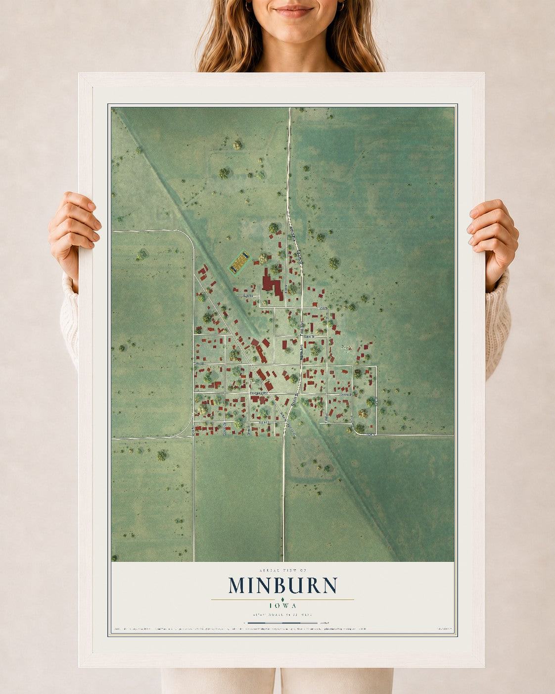 Map of Minburn, Iowa, 24 x 36 inch print in a white wood frame