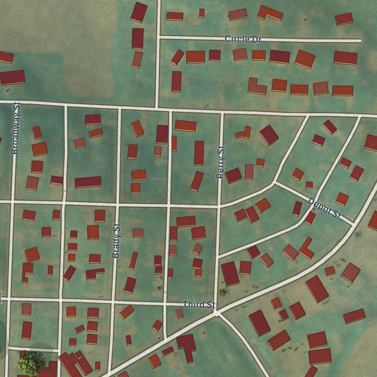 Close-up of the map of Minden, Iowa print showing street and building detail