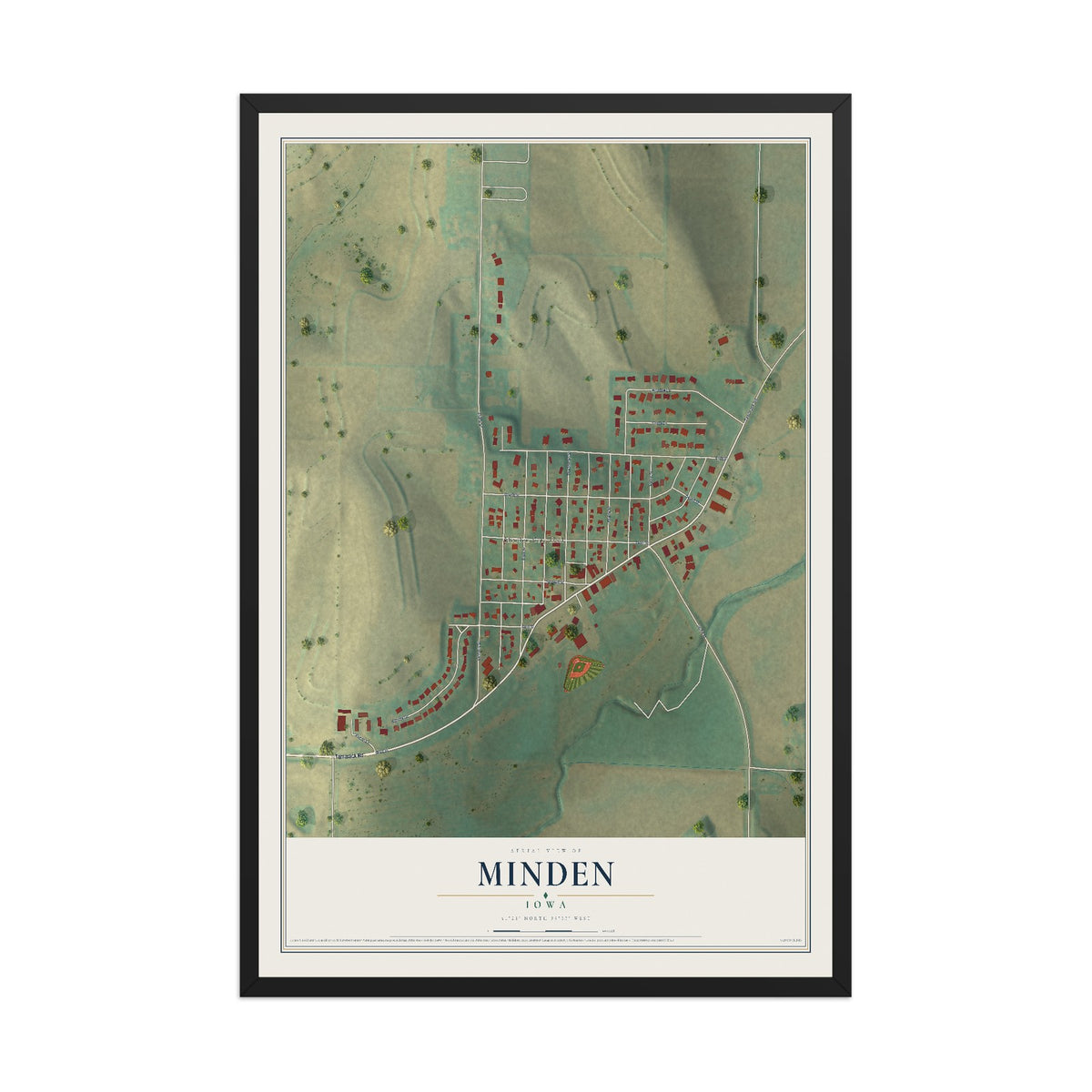 Map of Minden, Iowa, 12 x 18 inch print in a black wood frame