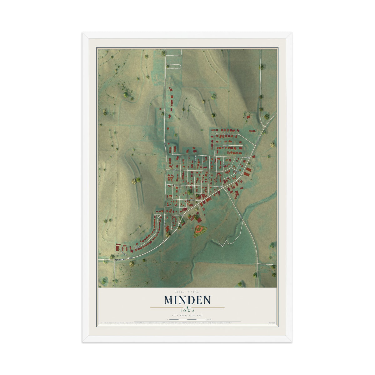 Map of Minden, Iowa, 12 x 18 inch print in a white wood frame