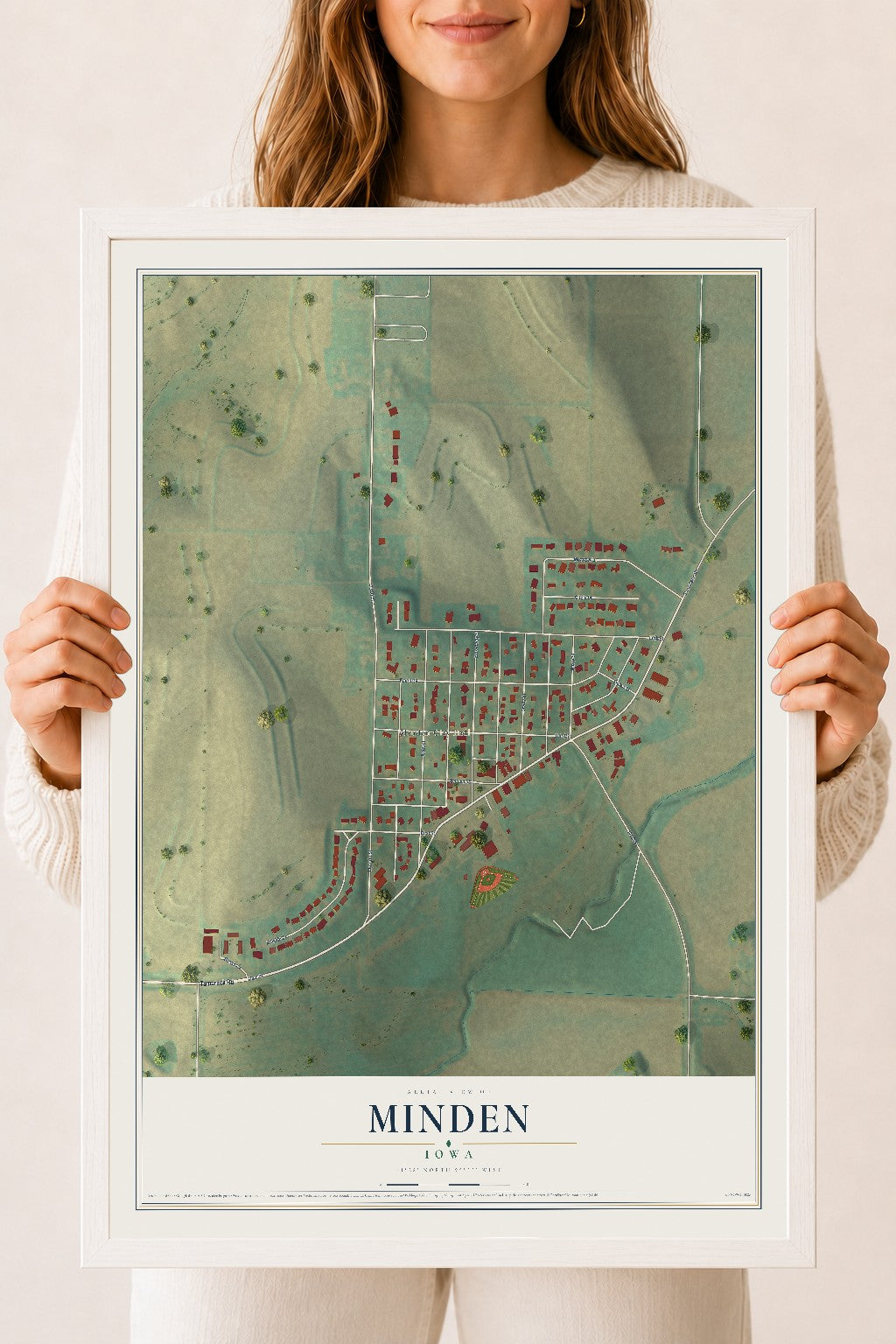 Map of Minden, Iowa, 18 x 24 inch print in a white wood frame