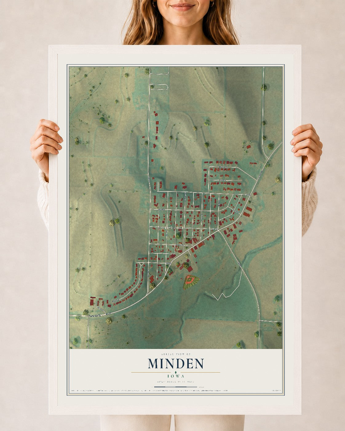 Map of Minden, Iowa, 24 x 36 inch print in a white wood frame