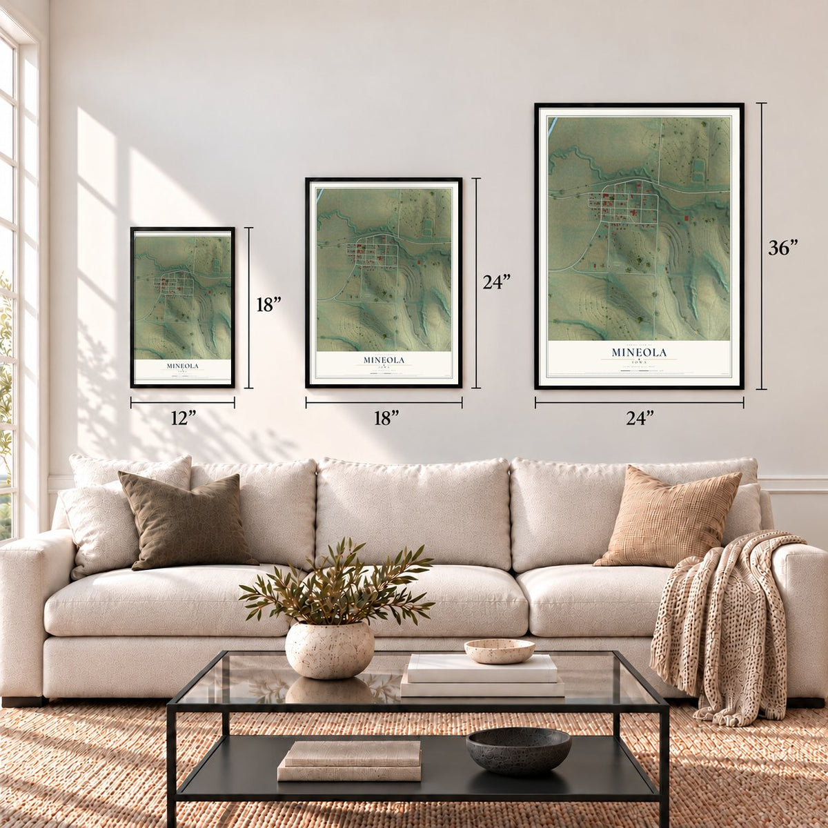 Mineola, Iowa map in 12 x 18, 18 x 24 and 24 x 36 inch sizes above a sofa