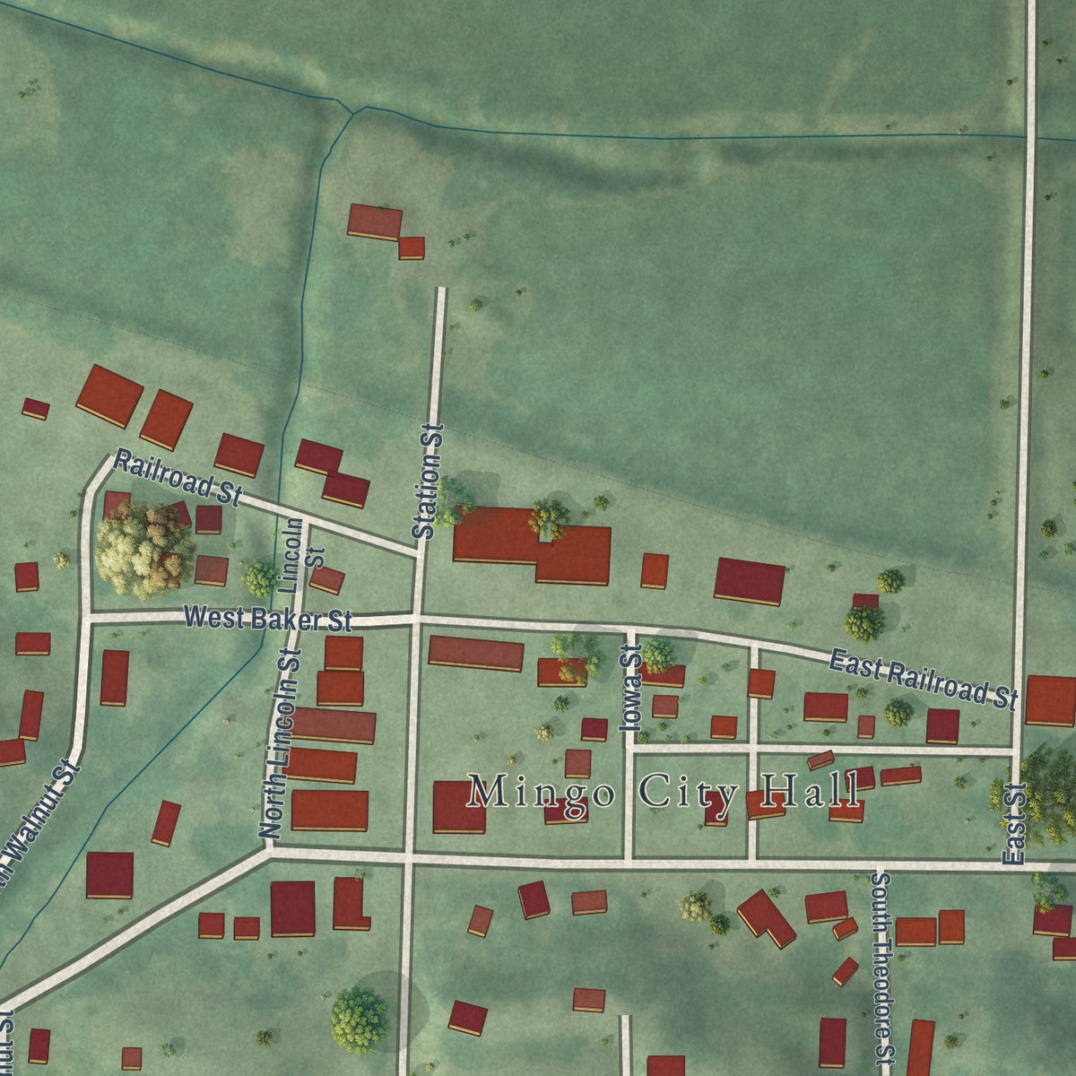 Close-up of the map of Mingo, Iowa print showing street and building detail