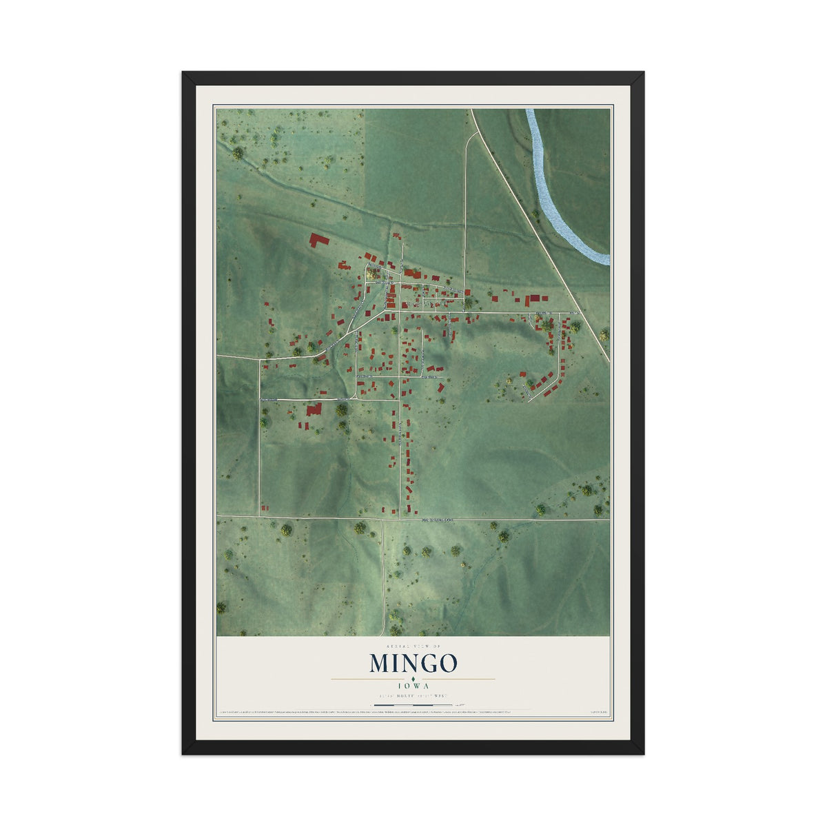 Map of Mingo, Iowa, 12 x 18 inch print in a black wood frame