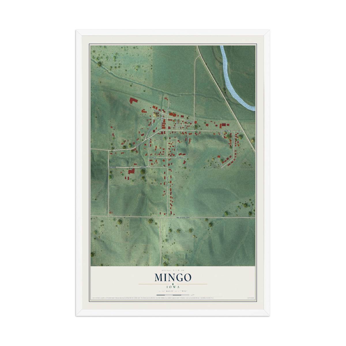 Map of Mingo, Iowa, 12 x 18 inch print in a white wood frame