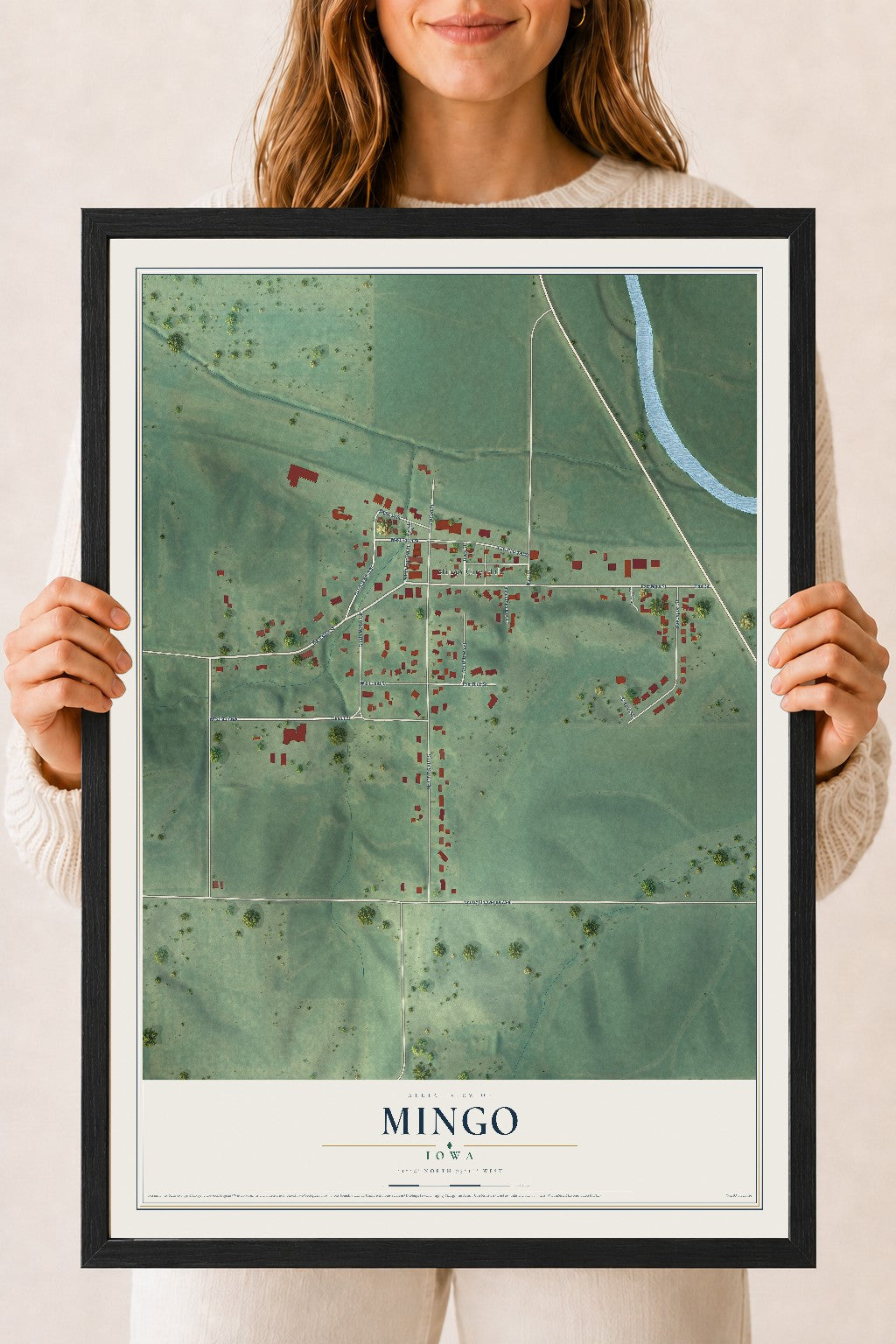 Map of Mingo, Iowa, 18 x 24 inch print in a black wood frame