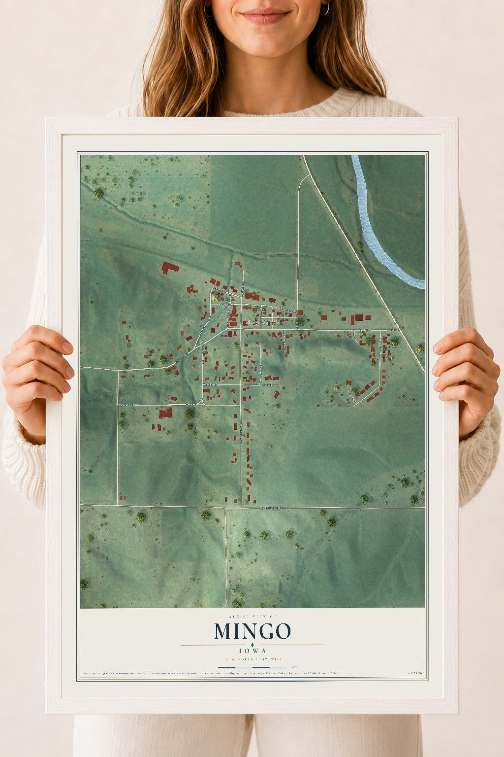Map of Mingo, Iowa, 18 x 24 inch print in a white wood frame