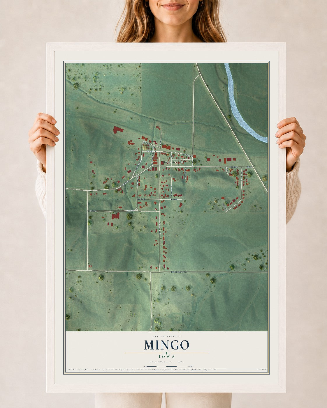 Map of Mingo, Iowa, 24 x 36 inch print in a white wood frame