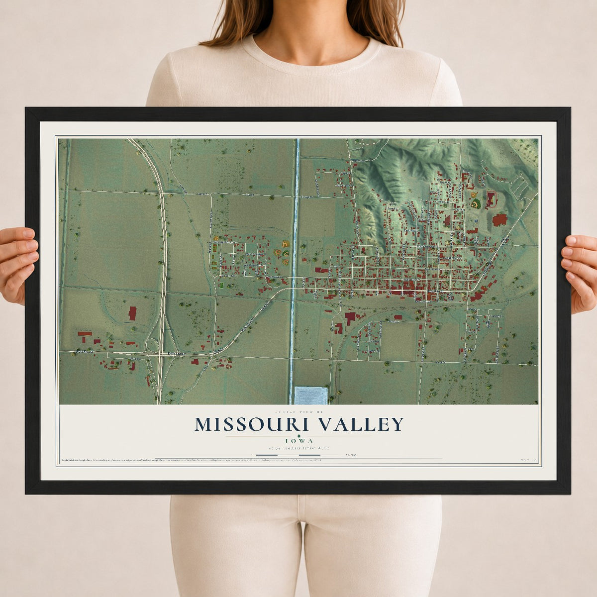 Map of Missouri Valley, Iowa, 18 x 24 inch print in a black wood frame