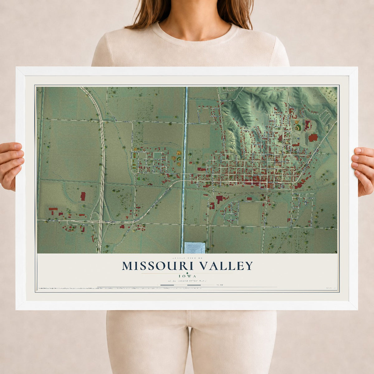 Map of Missouri Valley, Iowa, 18 x 24 inch print in a white wood frame