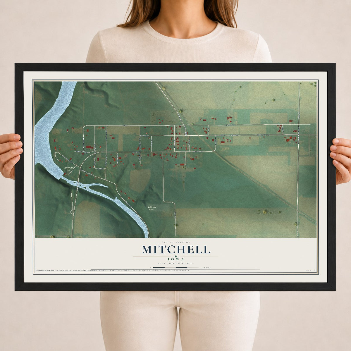 Map of Mitchell, Iowa, 18 x 24 inch print in a black wood frame