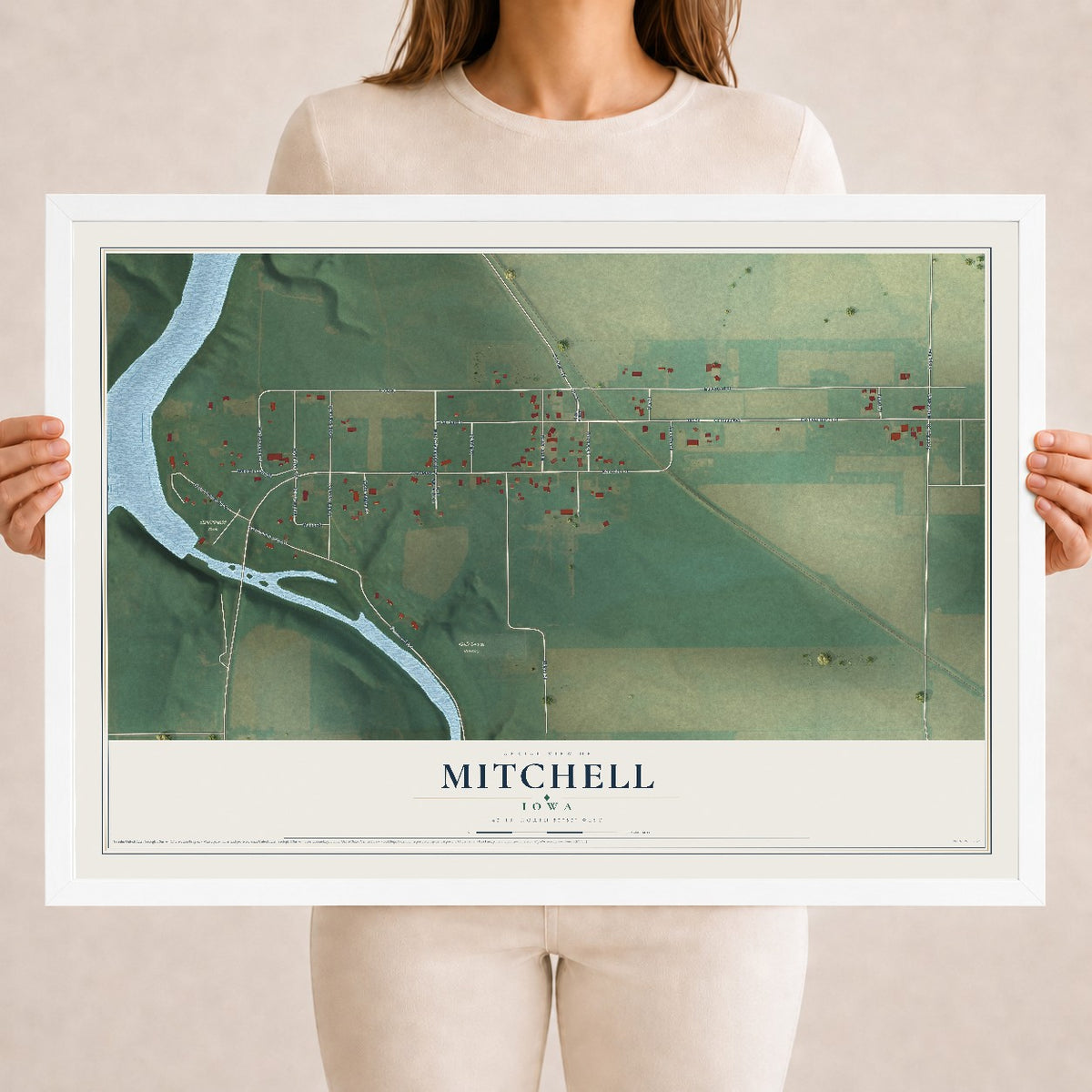 Map of Mitchell, Iowa, 18 x 24 inch print in a white wood frame