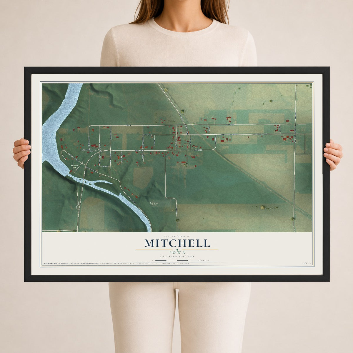 Map of Mitchell, Iowa, 24 x 36 inch print in a black wood frame