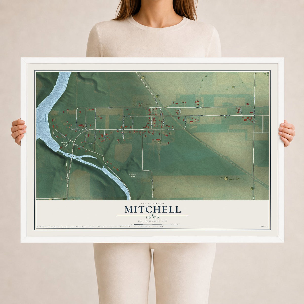 Map of Mitchell, Iowa, 24 x 36 inch print in a white wood frame