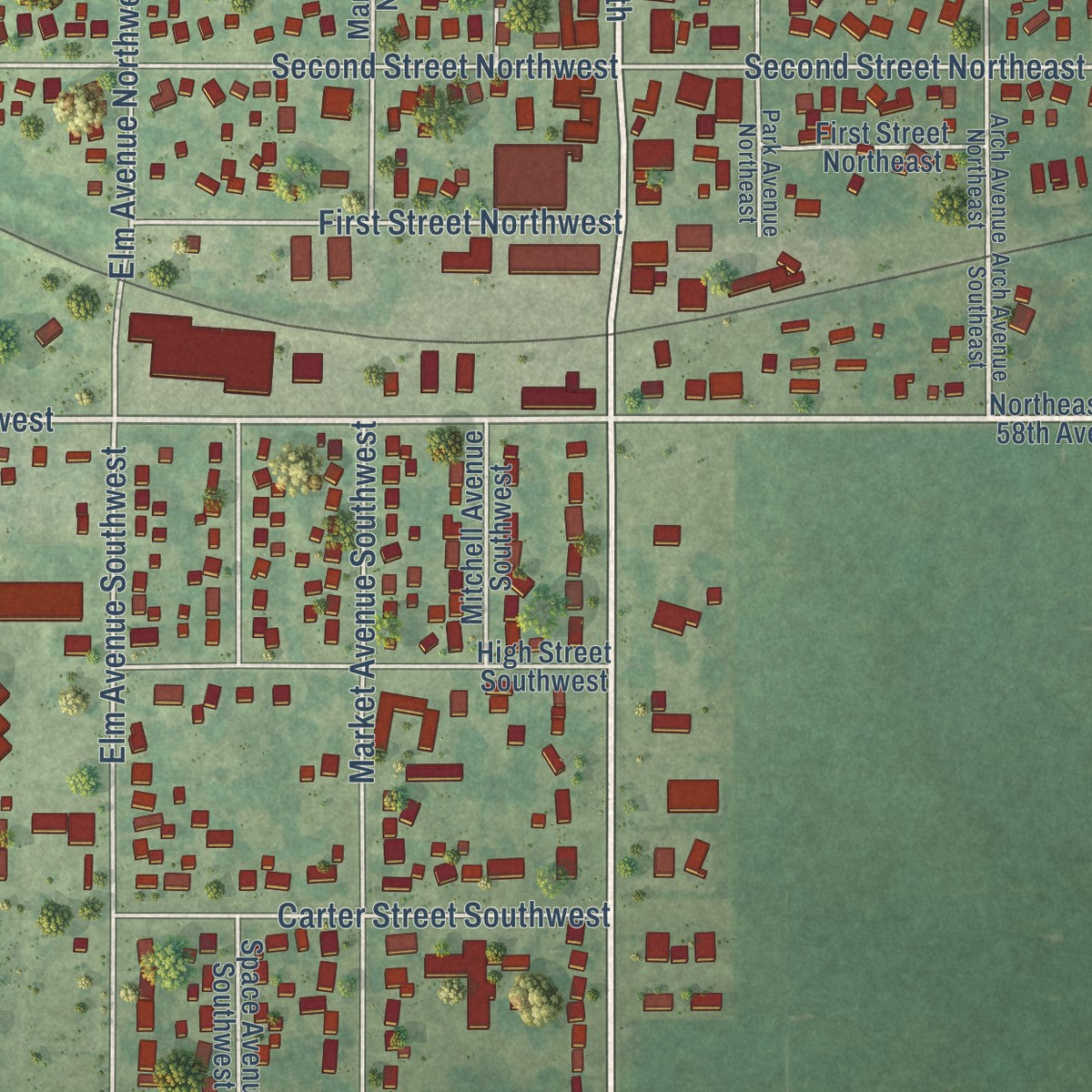 Close-up of the map of Mitchellville, Iowa print showing street and building detail