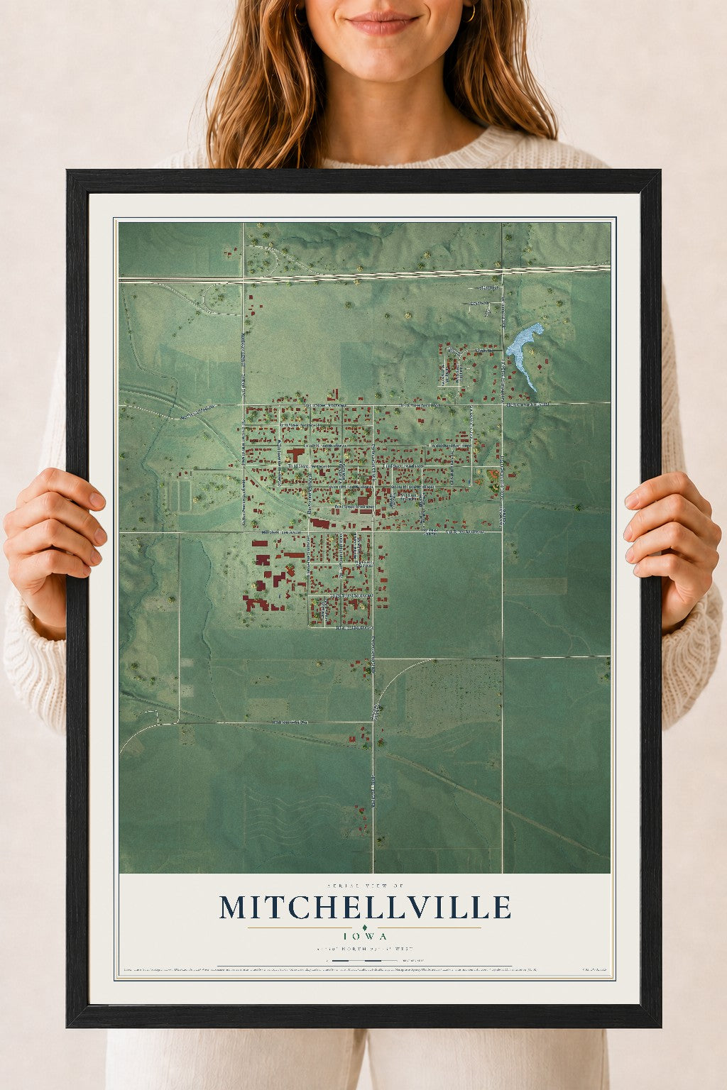 Map of Mitchellville, Iowa, 18 x 24 inch print in a black wood frame