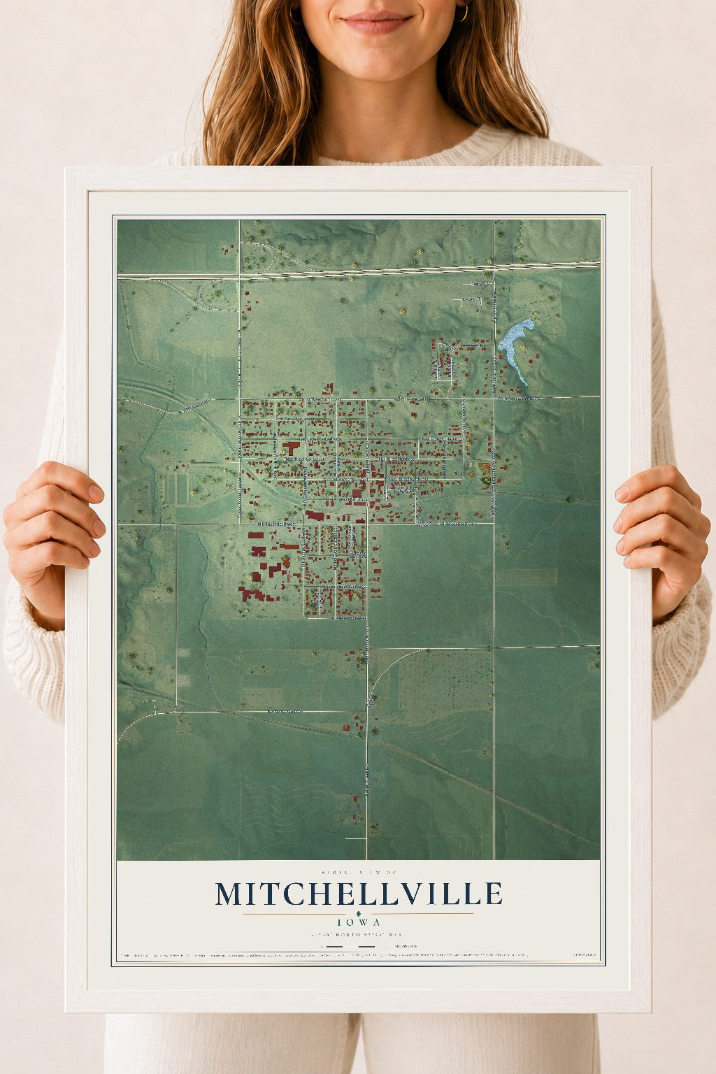 Map of Mitchellville, Iowa, 18 x 24 inch print in a white wood frame