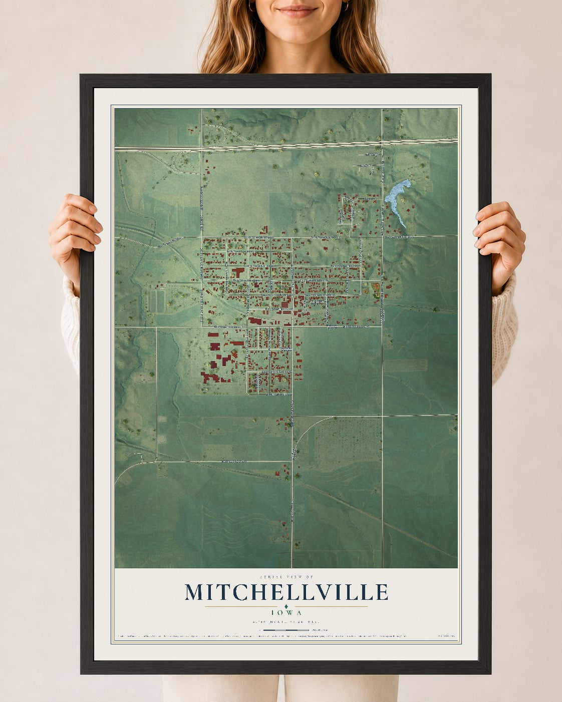 Map of Mitchellville, Iowa, 24 x 36 inch print in a black wood frame