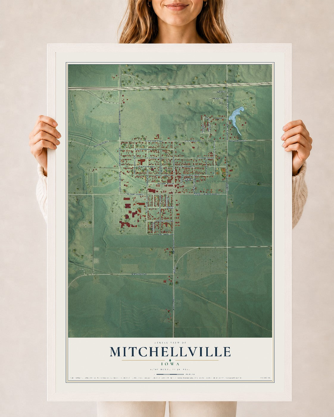 Map of Mitchellville, Iowa, 24 x 36 inch print in a white wood frame