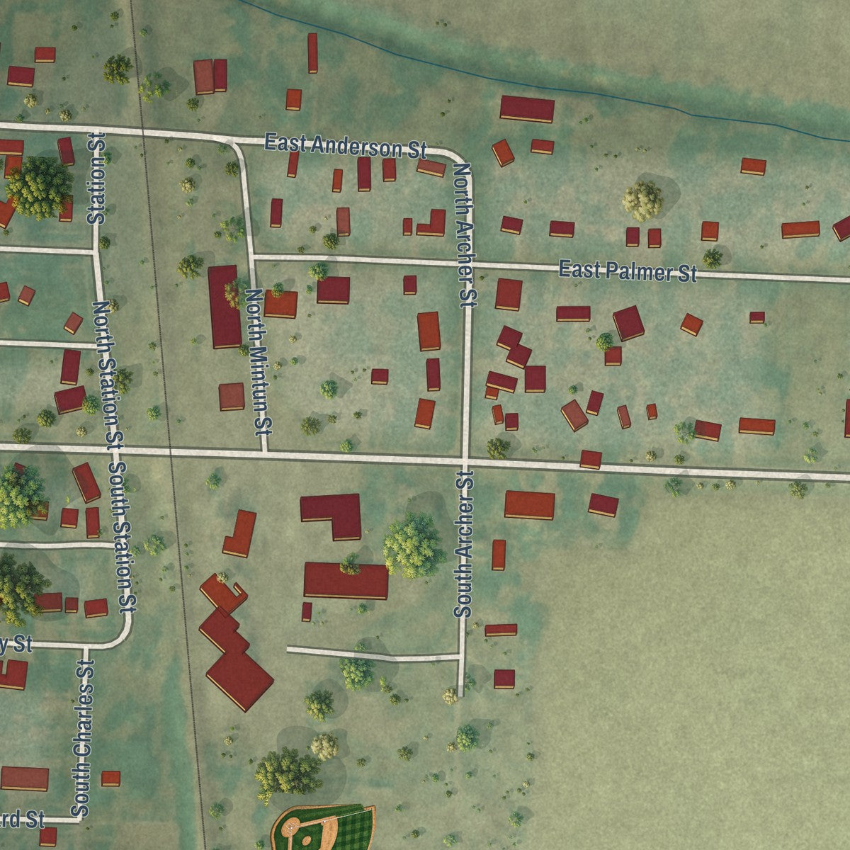 Close-up of the map of Modale, Iowa print showing street and building detail