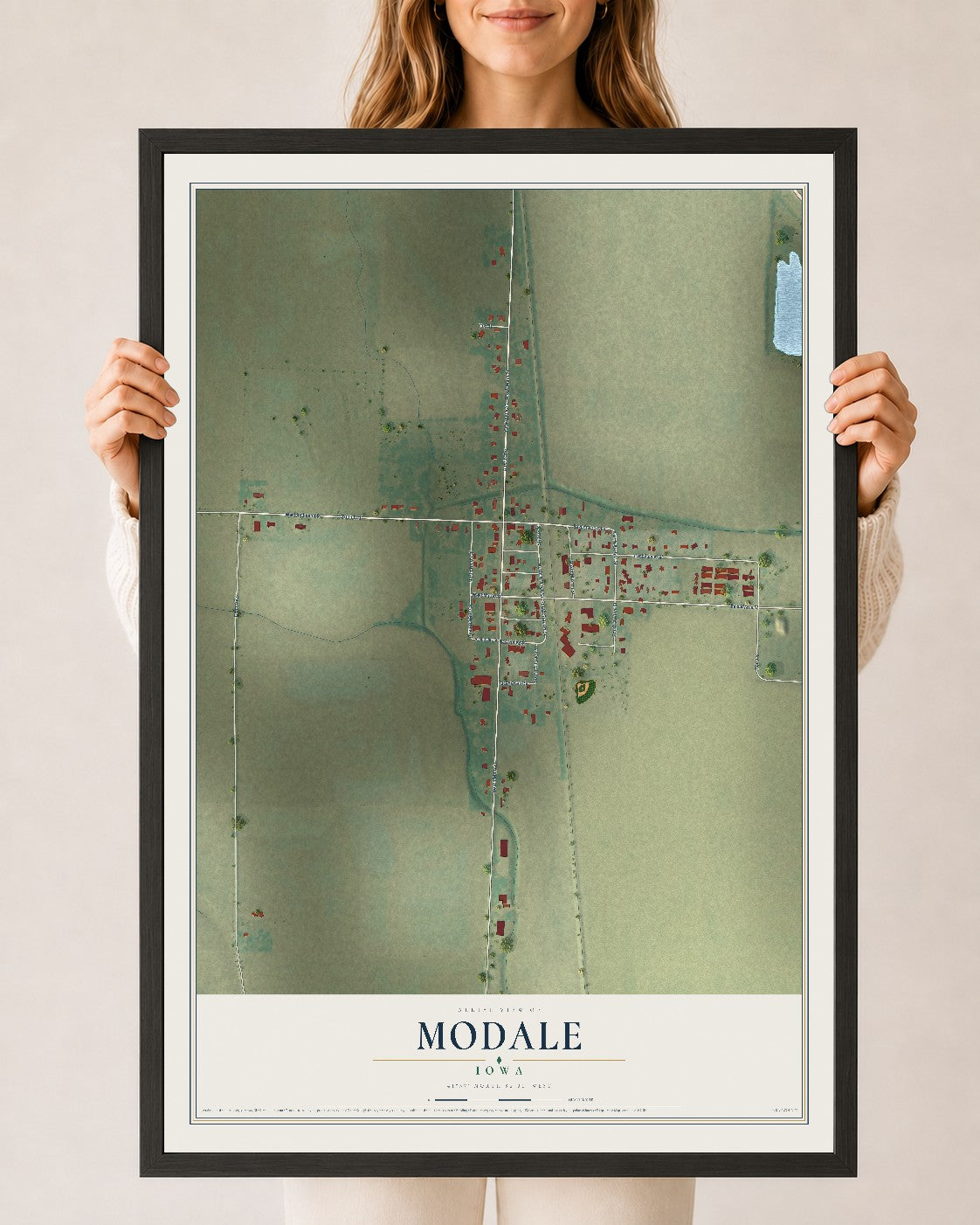 Map of Modale, Iowa, 24 x 36 inch print in a black wood frame
