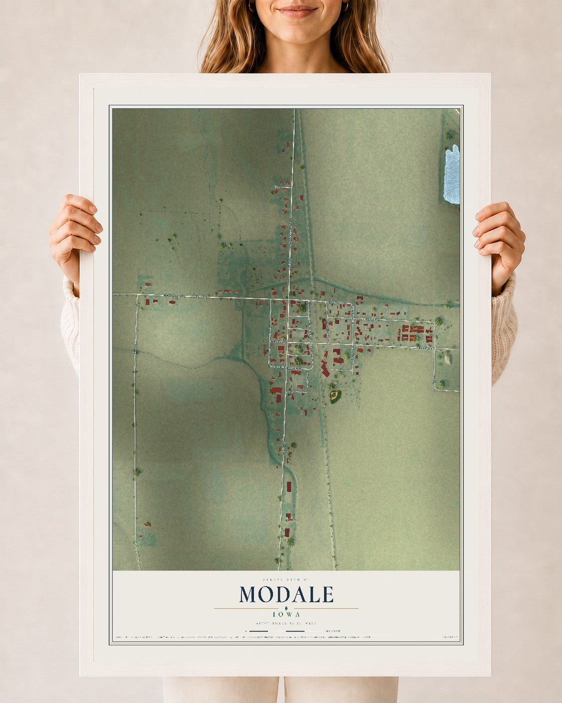 Map of Modale, Iowa, 24 x 36 inch print in a white wood frame