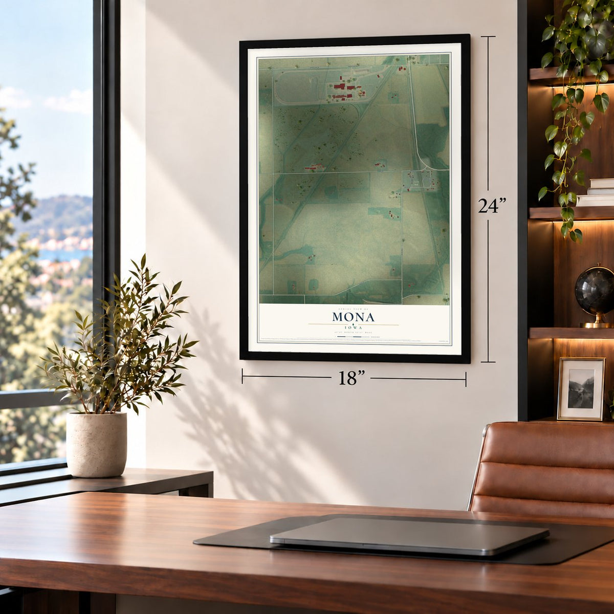 Mona, Iowa map, 18 x 24 inch print in a black frame in a home office