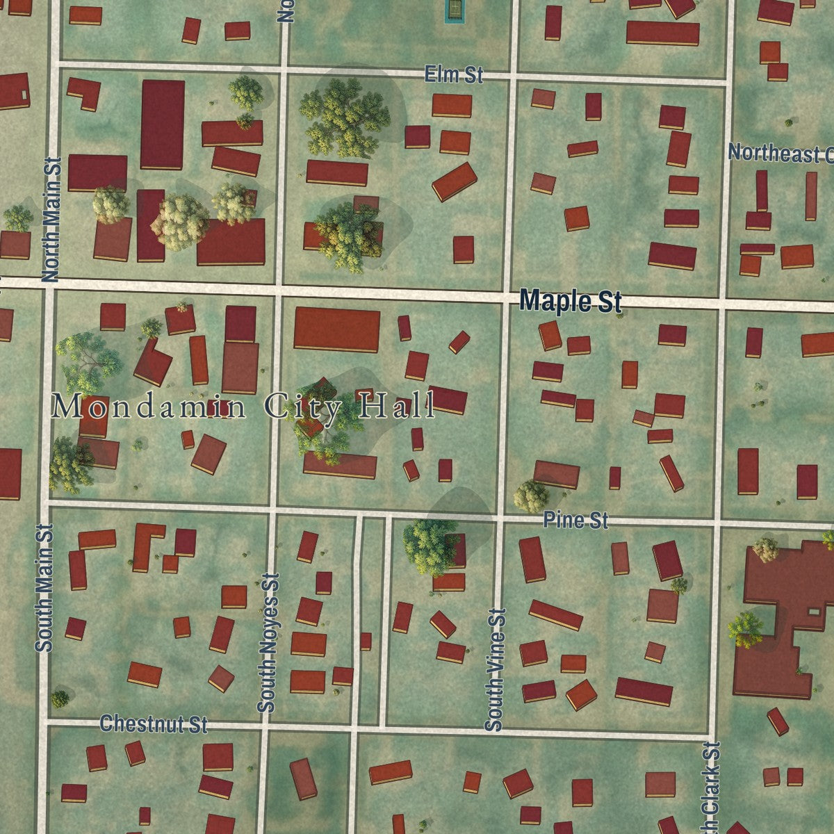 Close-up of the map of Mondamin, Iowa print showing street and building detail