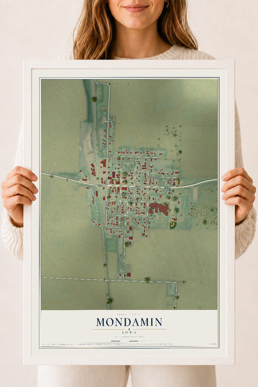 Map of Mondamin, Iowa, 18 x 24 inch print in a white wood frame