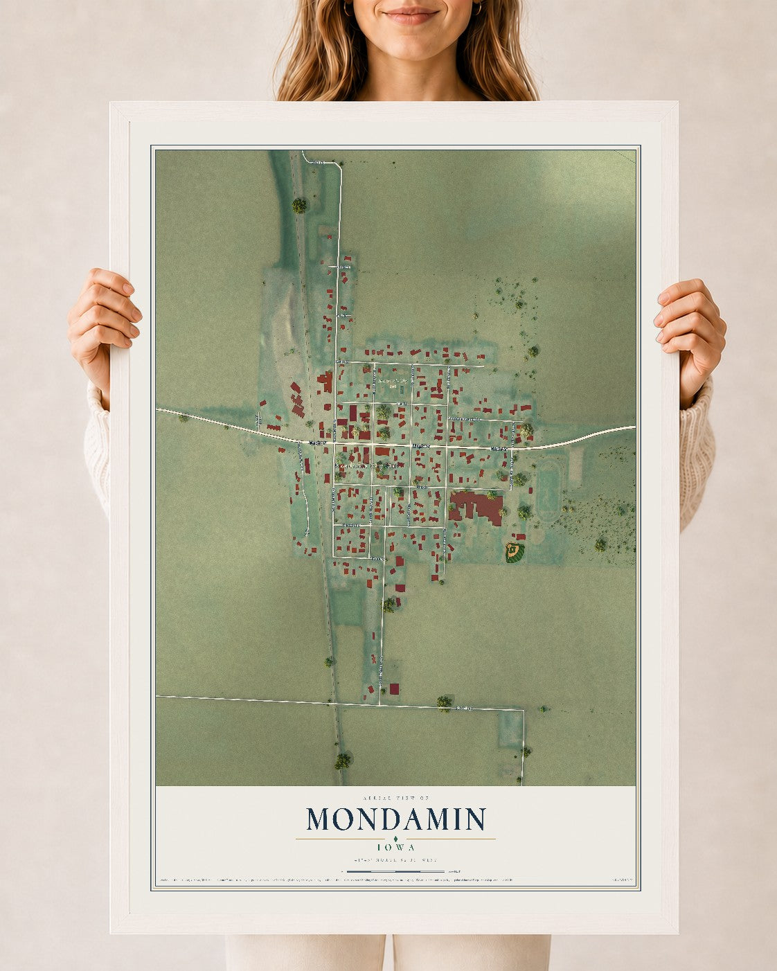 Map of Mondamin, Iowa, 24 x 36 inch print in a white wood frame