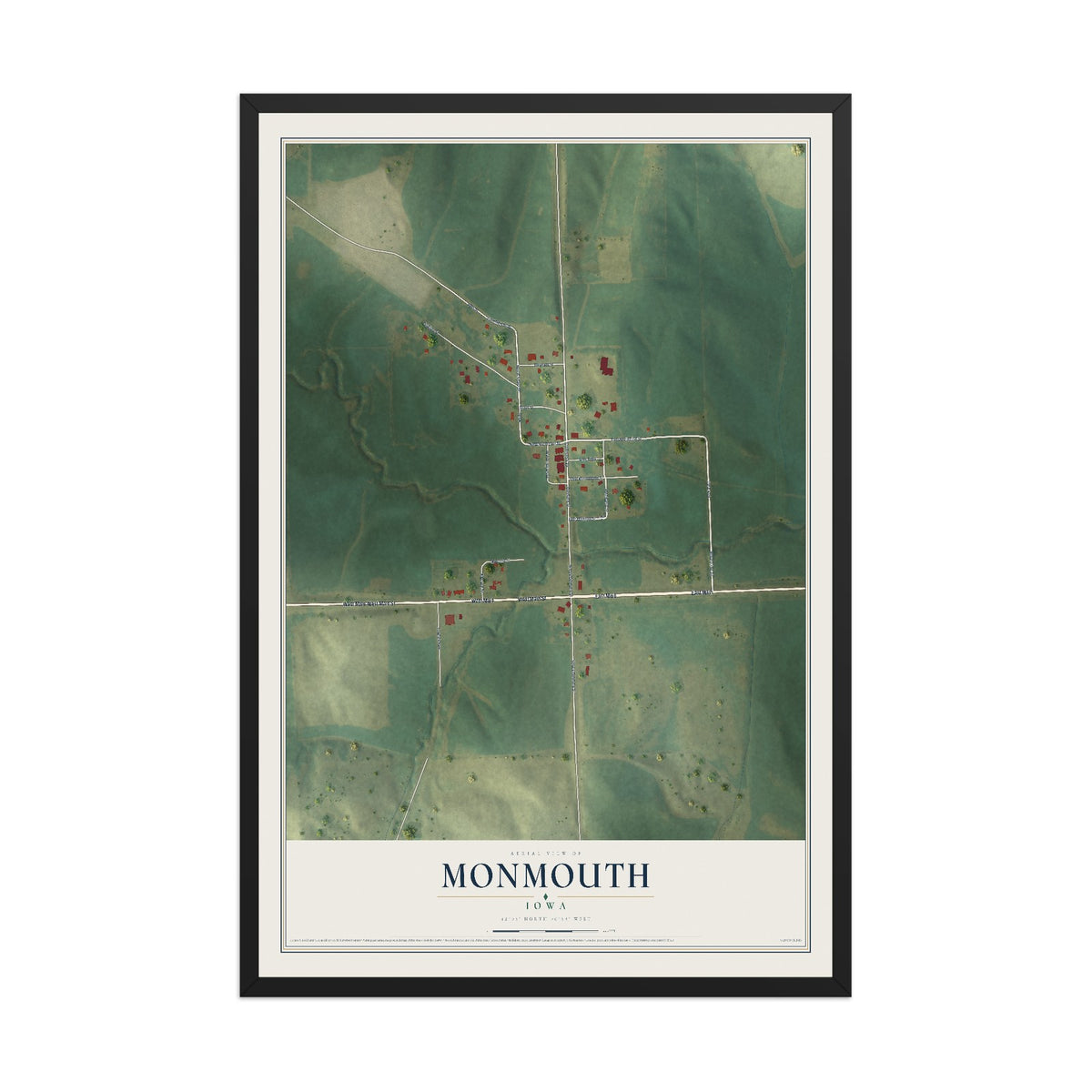 Map of Monmouth, Iowa, 12 x 18 inch print in a black wood frame