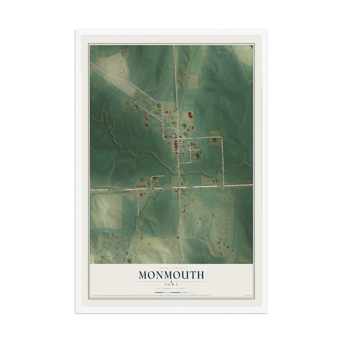 Map of Monmouth, Iowa, 12 x 18 inch print in a white wood frame