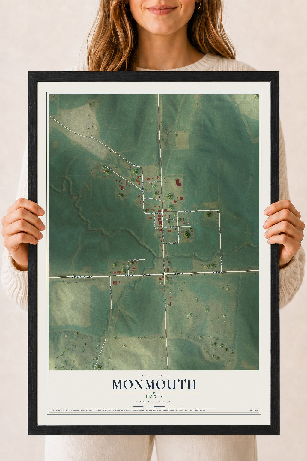Map of Monmouth, Iowa, 18 x 24 inch print in a black wood frame